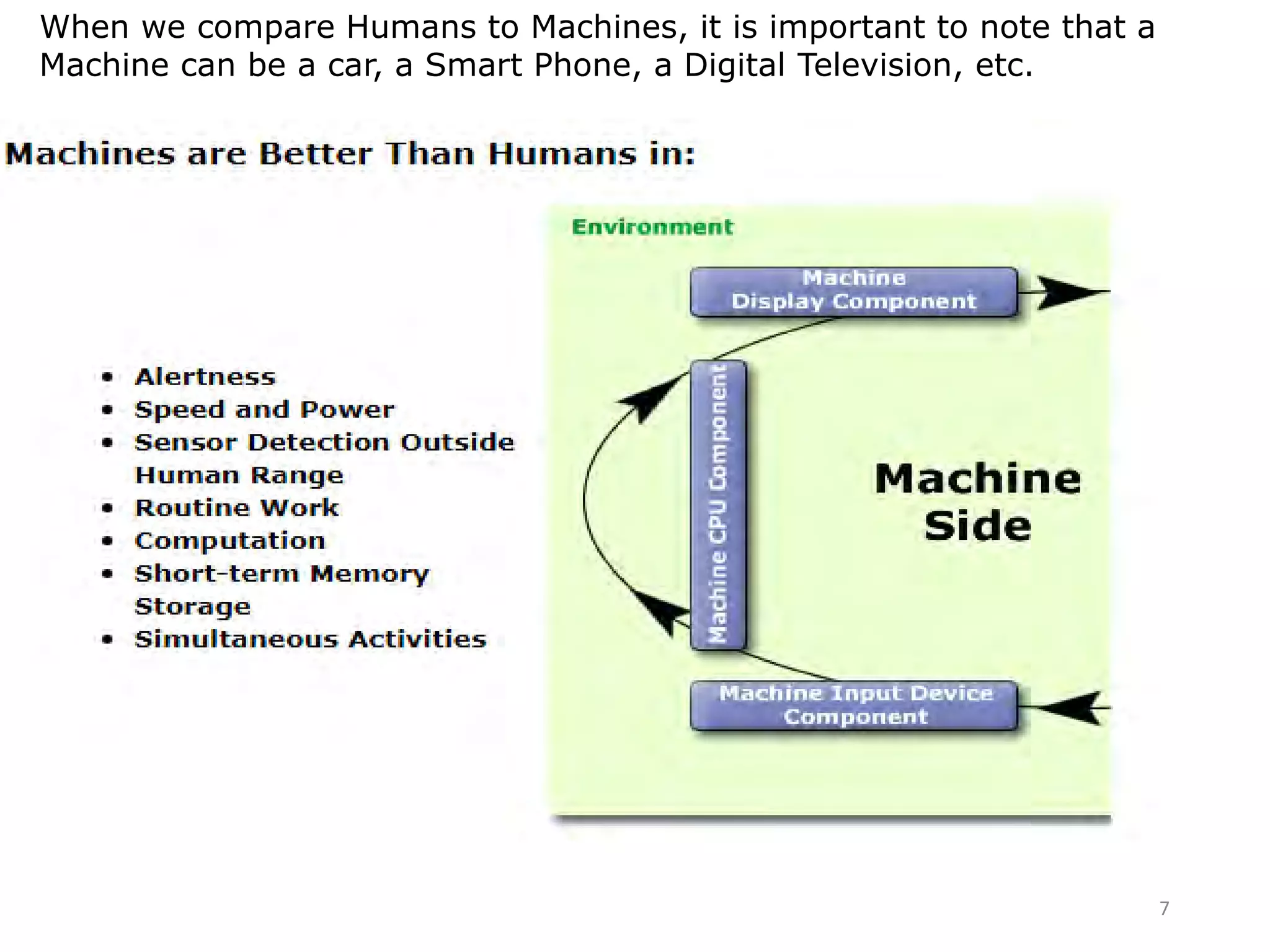When we compare Humans to Machines, it is important to note that a
Machine can be a car, a Smart Phone, a Digital Television, etc.
7
 