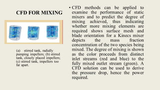 CFD FOR MIXING
(a) stirred tank, radially
pumping impellers; (b) stirred
tank, closely placed impellers;
(c) stirred tank, impellers too
far apart.
• CFD methods can be applied to
examine the performance of static
mixers and to predict the degree of
mixing achieved, thus indicating
whether more mixing elements are
required shows surface mesh and
blade orientation for a Kinecs mixer
depicts the mass fraction
concentration of the two species being
mixed. The degree of mixing is shown
as the color proceeds from distinct
inlet streams (red and blue) to the
fully mixed outlet stream (green). A
CFD solution can be used to derive
the pressure drop, hence the power
required.
 