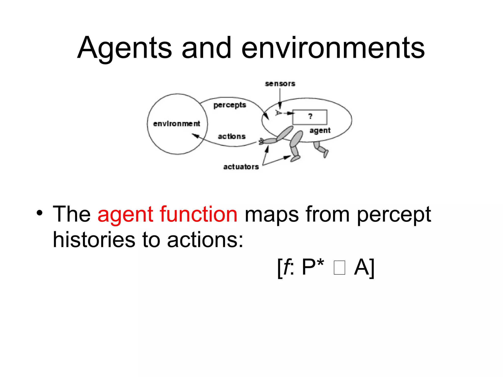 • The agent function maps from percept
histories to actions:
[f: P*  A]
Agents and environments
 