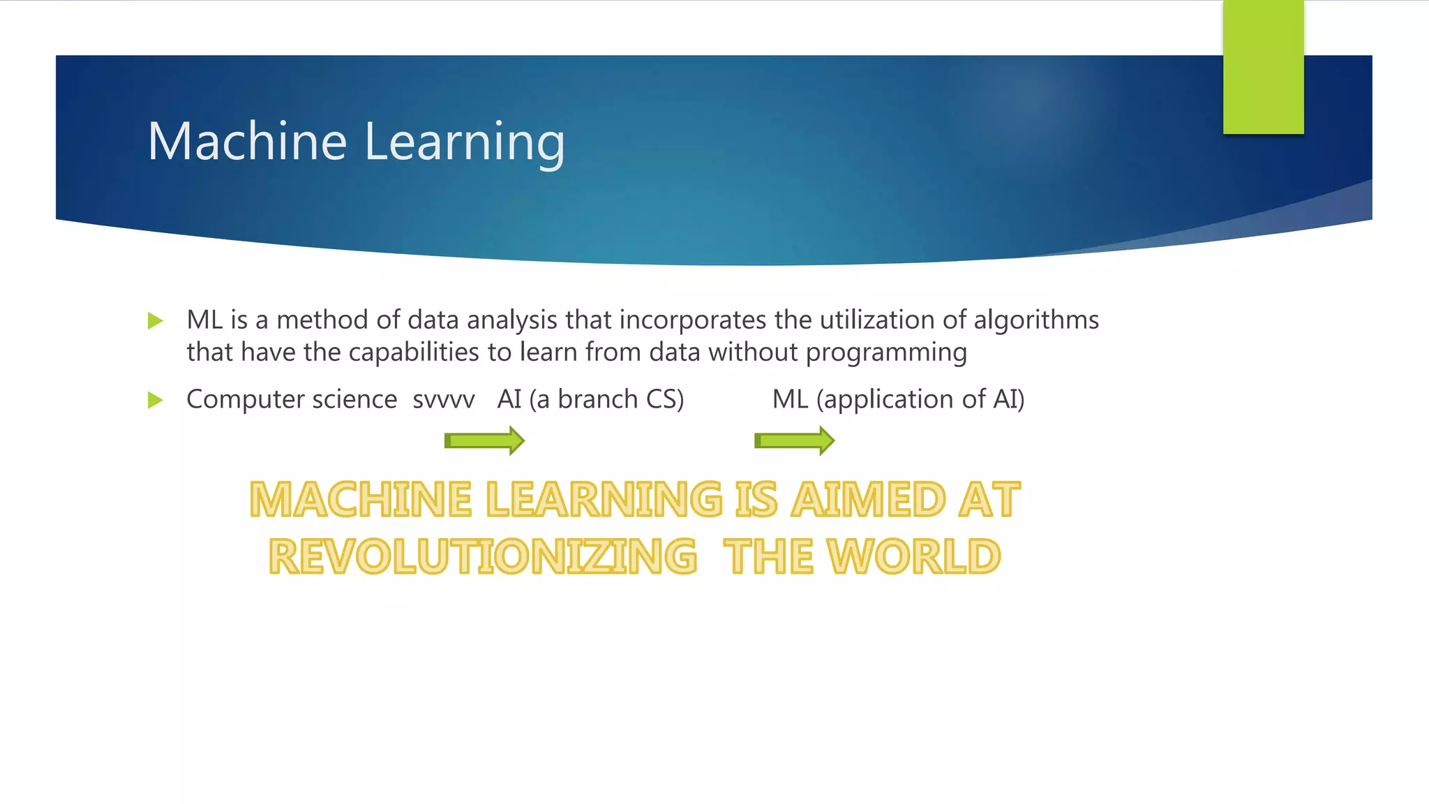 Machine Learning  ML is a method of data analysis that incorporates the utilization of algorithms that have the capabilities to learn from data without programming  Computer science svvvv AI (a branch CS) ML (application of AI) 