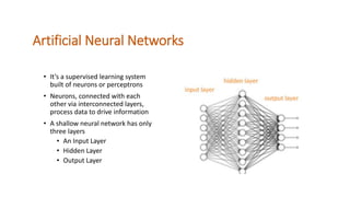 Artificial Neural Networks
• It’s a supervised learning system
built of neurons or perceptrons
• Neurons, connected with e...