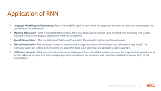 Application of RNN
20
©2021 ExlService Holdings, Inc. All rights reserved.
• Language Modelling and Generating Text – The ...
