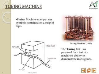 TURING MACHINE
•Turing Machine manipulates
symbols contained on a strip of
tape.
Turing Machine (1937)
The Turing test is a
proposal for a test of a
machine's ability to
demonstrate intelligence.
8
 