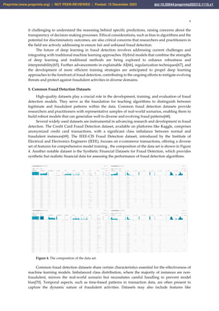 6
it challenging to understand the reasoning behind specific predictions, raising concerns about the
transparency of decision-making processes. Ethical considerations, such as bias in algorithms and the
potential for discriminatory outcomes, are also critical concerns that researchers and practitioners in
the field are actively addressing to ensure fair and unbiased fraud detection.
The future of deep learning in fraud detection involves addressing current challenges and
integrating with traditional machine learning approaches. Hybrid models that combine the strengths
of deep learning and traditional methods are being explored to enhance robustness and
interpretability[65]. Further advancements in explainable AI[66], regularization techniques[67], and
the development of more efficient training strategies are anticipated to propel deep learning
approaches to the forefront of fraud detection, contributing to the ongoing efforts to mitigate evolving
threats and protect against fraudulent activities in diverse domains.
5. Common Fraud Detection Datasets
High-quality datasets play a crucial role in the development, training, and evaluation of fraud
detection models. They serve as the foundation for teaching algorithms to distinguish between
legitimate and fraudulent patterns within the data. Common fraud detection datasets provide
researchers and practitioners with representative samples of real-world scenarios, enabling them to
build robust models that can generalize well to diverse and evolving fraud patterns[68].
Several widely used datasets are instrumental in advancing research and development in fraud
detection. The Credit Card Fraud Detection dataset, available on platforms like Kaggle, comprises
anonymized credit card transactions, with a significant class imbalance between normal and
fraudulent instances[69]. The IEEE-CIS Fraud Detection dataset, introduced by the Institute of
Electrical and Electronics Engineers (IEEE), focuses on e-commerce transactions, offering a diverse
set of features for comprehensive model training , the composition of the data set is shown in Figure
4. Another notable dataset is the Synthetic Financial Datasets for Fraud Detection, which provides
synthetic but realistic financial data for assessing the performance of fraud detection algorithms.
Figure 4. The composition of the data set.
Common fraud detection datasets share certain characteristics essential for the effectiveness of
machine learning models. Imbalanced class distribution, where the majority of instances are non-
fraudulent, mirrors the real-world scenario but necessitates careful handling to prevent model
bias[70]. Temporal aspects, such as time-based patterns in transaction data, are often present to
capture the dynamic nature of fraudulent activities. Datasets may also include features like
Preprints (www.preprints.org) | NOT PEER-REVIEWED | Posted: 15 December 2023 doi:10.20944/preprints202312.1115.v1
 