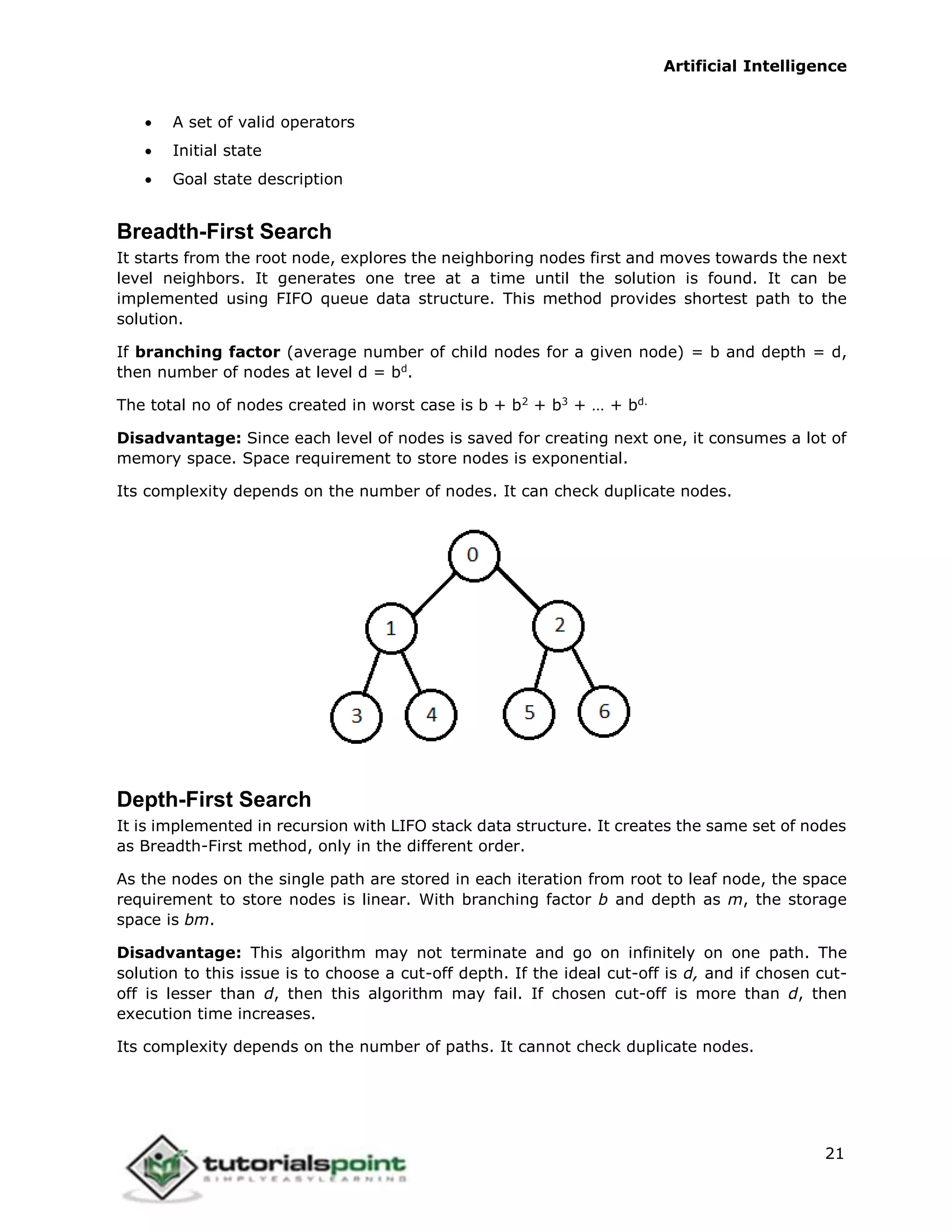 Artificial Intelligence
21
 A set of valid operators
 Initial state
 Goal state description
Breadth-First Search
It starts from the root node, explores the neighboring nodes first and moves towards the next
level neighbors. It generates one tree at a time until the solution is found. It can be
implemented using FIFO queue data structure. This method provides shortest path to the
solution.
If branching factor (average number of child nodes for a given node) = b and depth = d,
then number of nodes at level d = bd
.
The total no of nodes created in worst case is b + b2
+ b3
+ … + bd.
Disadvantage: Since each level of nodes is saved for creating next one, it consumes a lot of
memory space. Space requirement to store nodes is exponential.
Its complexity depends on the number of nodes. It can check duplicate nodes.
Depth-First Search
It is implemented in recursion with LIFO stack data structure. It creates the same set of nodes
as Breadth-First method, only in the different order.
As the nodes on the single path are stored in each iteration from root to leaf node, the space
requirement to store nodes is linear. With branching factor b and depth as m, the storage
space is bm.
Disadvantage: This algorithm may not terminate and go on infinitely on one path. The
solution to this issue is to choose a cut-off depth. If the ideal cut-off is d, and if chosen cut-
off is lesser than d, then this algorithm may fail. If chosen cut-off is more than d, then
execution time increases.
Its complexity depends on the number of paths. It cannot check duplicate nodes.
 