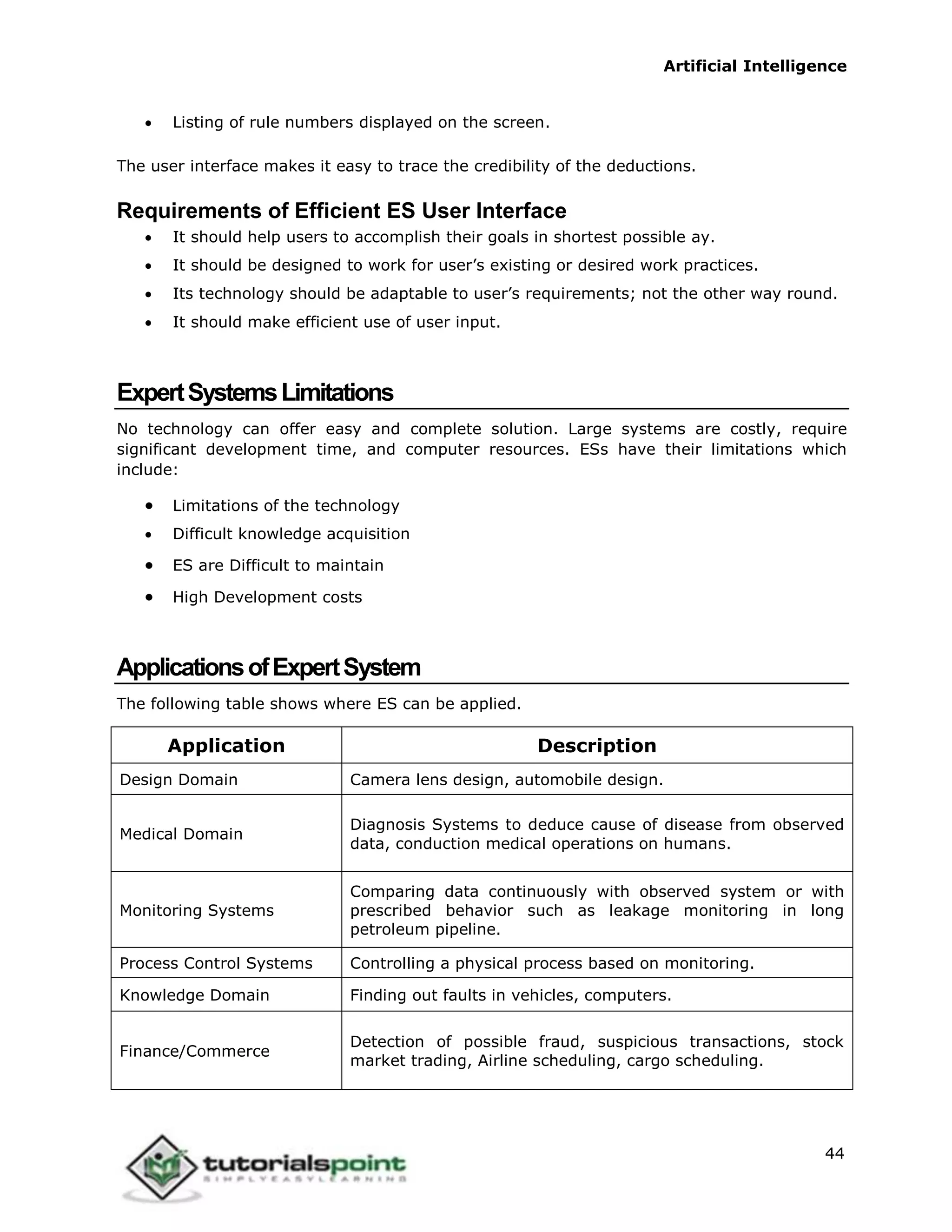 Artificial Intelligence
44
 Listing of rule numbers displayed on the screen.
The user interface makes it easy to trace the credibility of the deductions.
Requirements of Efficient ES User Interface
 It should help users to accomplish their goals in shortest possible ay.
 It should be designed to work for user’s existing or desired work practices.
 Its technology should be adaptable to user’s requirements; not the other way round.
 It should make efficient use of user input.
ExpertSystemsLimitations
No technology can offer easy and complete solution. Large systems are costly, require
significant development time, and computer resources. ESs have their limitations which
include:
 Limitations of the technology
 Difficult knowledge acquisition
 ES are Difficult to maintain
 High Development costs
ApplicationsofExpertSystem
The following table shows where ES can be applied.
Application Description
Design Domain Camera lens design, automobile design.
Medical Domain
Diagnosis Systems to deduce cause of disease from observed
data, conduction medical operations on humans.
Monitoring Systems
Comparing data continuously with observed system or with
prescribed behavior such as leakage monitoring in long
petroleum pipeline.
Process Control Systems Controlling a physical process based on monitoring.
Knowledge Domain Finding out faults in vehicles, computers.
Finance/Commerce
Detection of possible fraud, suspicious transactions, stock
market trading, Airline scheduling, cargo scheduling.
 