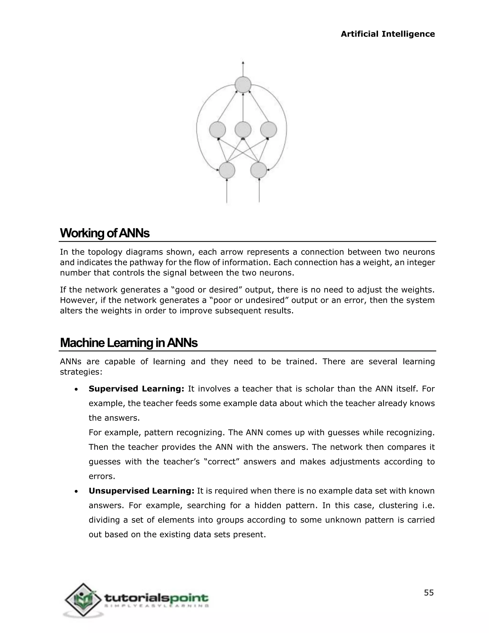 Artificial Intelligence
55
WorkingofANNs
In the topology diagrams shown, each arrow represents a connection between two neurons
and indicates the pathway for the flow of information. Each connection has a weight, an integer
number that controls the signal between the two neurons.
If the network generates a “good or desired” output, there is no need to adjust the weights.
However, if the network generates a “poor or undesired” output or an error, then the system
alters the weights in order to improve subsequent results.
MachineLearninginANNs
ANNs are capable of learning and they need to be trained. There are several learning
strategies:
 Supervised Learning: It involves a teacher that is scholar than the ANN itself. For
example, the teacher feeds some example data about which the teacher already knows
the answers.
For example, pattern recognizing. The ANN comes up with guesses while recognizing.
Then the teacher provides the ANN with the answers. The network then compares it
guesses with the teacher’s “correct” answers and makes adjustments according to
errors.
 Unsupervised Learning: It is required when there is no example data set with known
answers. For example, searching for a hidden pattern. In this case, clustering i.e.
dividing a set of elements into groups according to some unknown pattern is carried
out based on the existing data sets present.
 