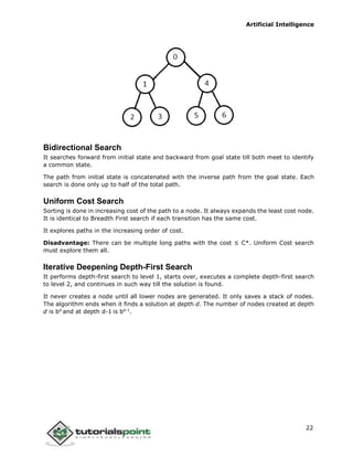Artificial Intelligence
22
Bidirectional Search
It searches forward from initial state and backward from goal state till both meet to identify
a common state.
The path from initial state is concatenated with the inverse path from the goal state. Each
search is done only up to half of the total path.
Uniform Cost Search
Sorting is done in increasing cost of the path to a node. It always expands the least cost node.
It is identical to Breadth First search if each transition has the same cost.
It explores paths in the increasing order of cost.
Disadvantage: There can be multiple long paths with the cost ≤ C*. Uniform Cost search
must explore them all.
Iterative Deepening Depth-First Search
It performs depth-first search to level 1, starts over, executes a complete depth-first search
to level 2, and continues in such way till the solution is found.
It never creates a node until all lower nodes are generated. It only saves a stack of nodes.
The algorithm ends when it finds a solution at depth d. The number of nodes created at depth
d is bd
and at depth d-1 is bd-1
.
 