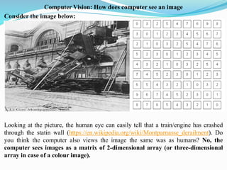 Computer Vision: How does computer see an image
Consider the image below:
Looking at the picture, the human eye can easily tell that a train/engine has crashed
through the statin wall (https://en.wikipedia.org/wiki/Montparnasse_derailment). Do
you think the computer also views the image the same was as humans? No, the
computer sees images as a matrix of 2-dimensional array (or three-dimensional
array in case of a colour image).
 