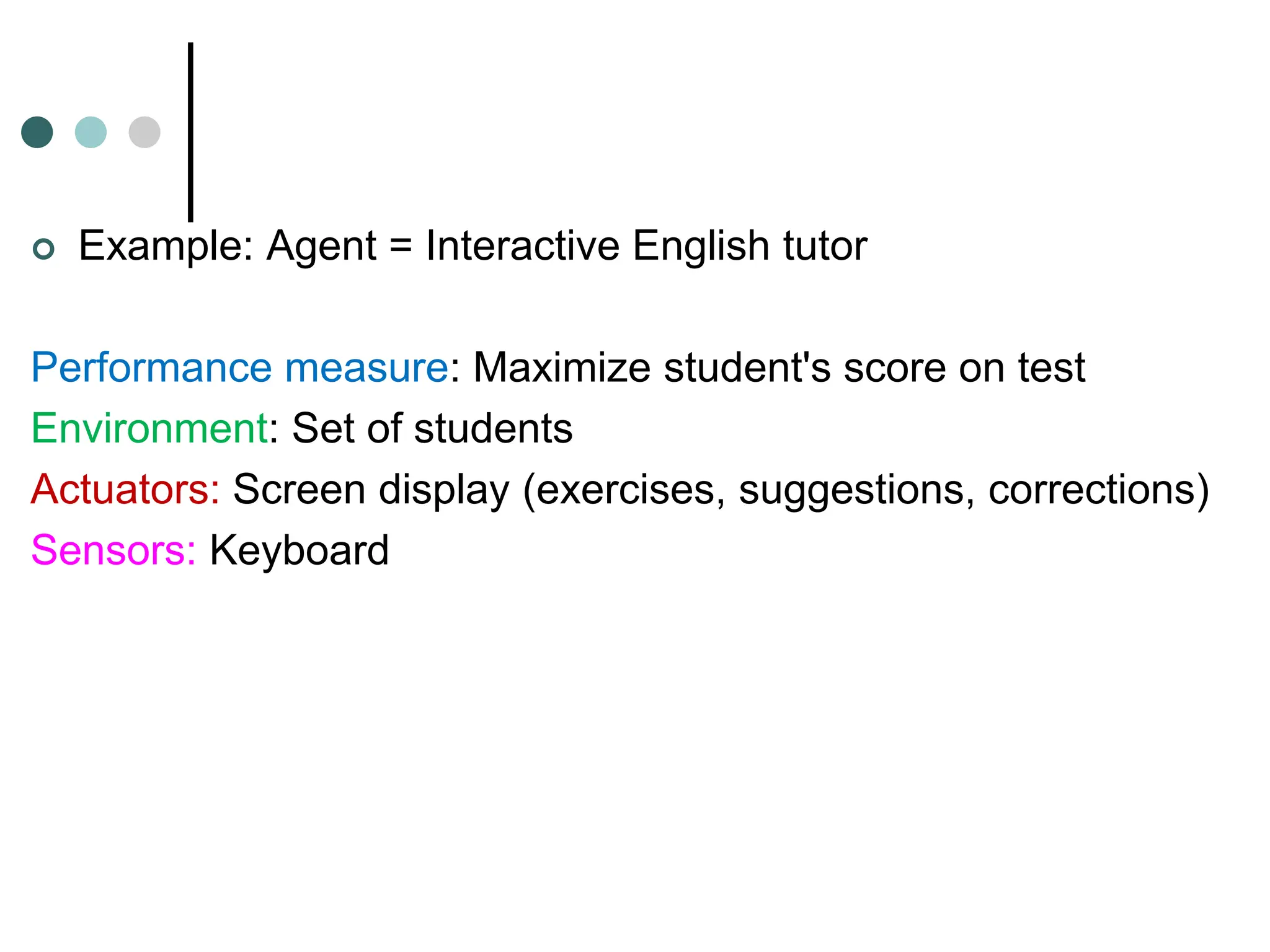 Artificial Intelligence a modern approach
 Example: Agent = Interactive English tutor
Performance measure: Maximize student's score on test
Environment: Set of students
Actuators: Screen display (exercises, suggestions, corrections)
Sensors: Keyboard
 