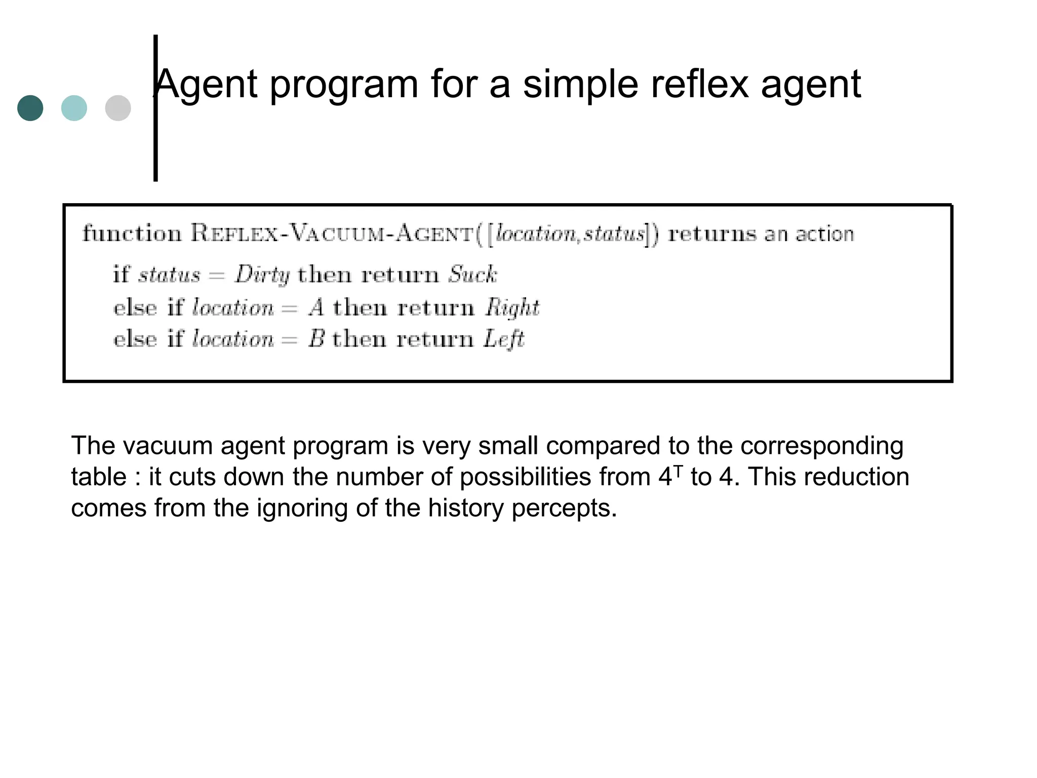 Agent program for a simple reflex agent
The vacuum agent program is very small compared to the corresponding
table : it cuts down the number of possibilities from 4T to 4. This reduction
comes from the ignoring of the history percepts.
 