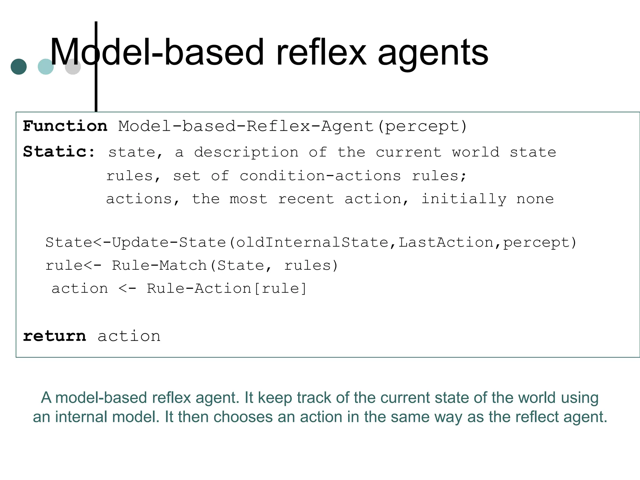 Model-based reflex agents
Function Model-based-Reflex-Agent(percept)
Static: state, a description of the current world state
rules, set of condition-actions rules;
actions, the most recent action, initially none
State<-Update-State(oldInternalState,LastAction,percept)
rule<- Rule-Match(State, rules)
action <- Rule-Action[rule]
return action
A model-based reflex agent. It keep track of the current state of the world using
an internal model. It then chooses an action in the same way as the reflect agent.
 