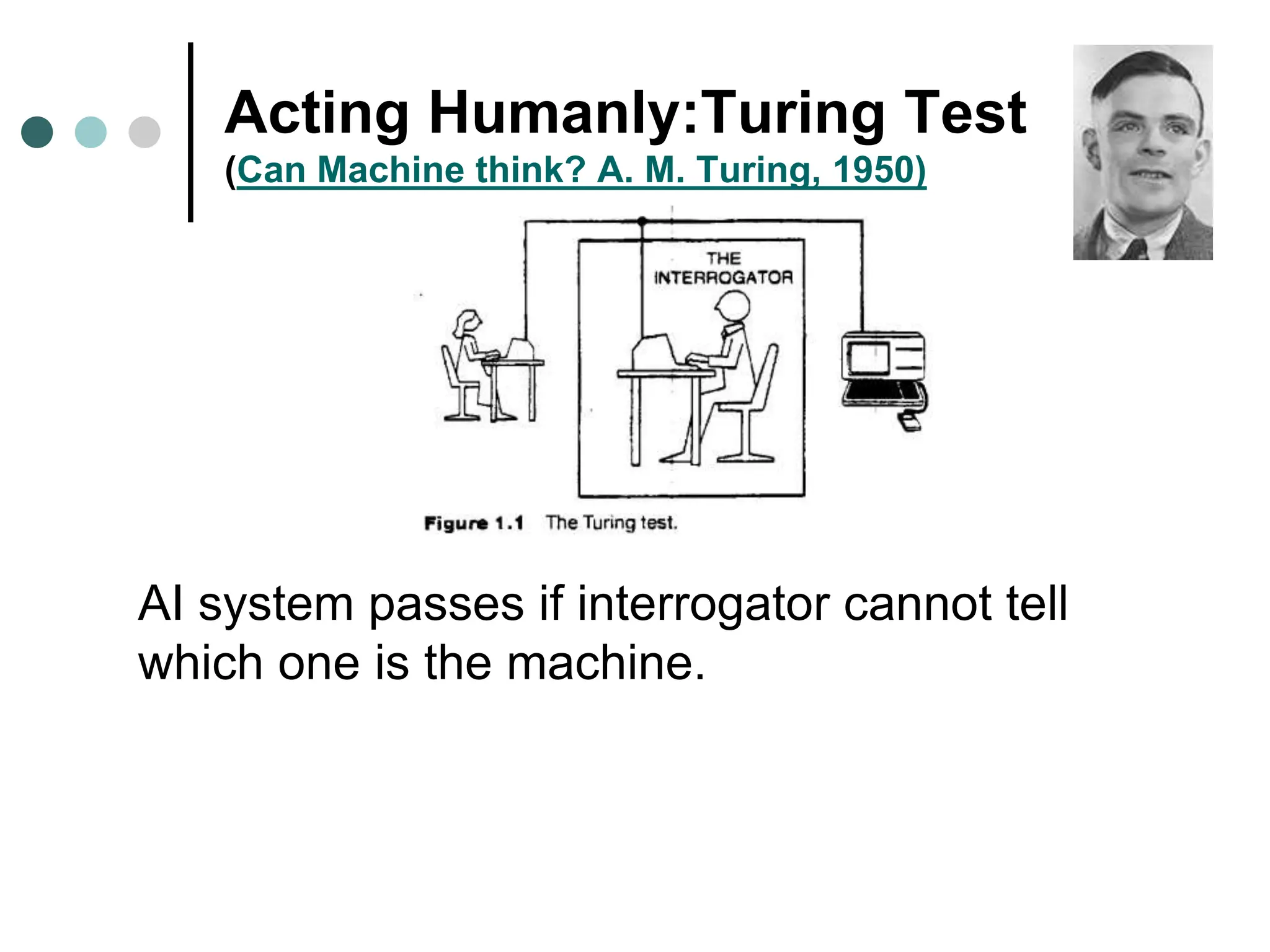 Acting Humanly:Turing Test
(Can Machine think? A. M. Turing, 1950)
AI system passes if interrogator cannot tell
which one is the machine.
 