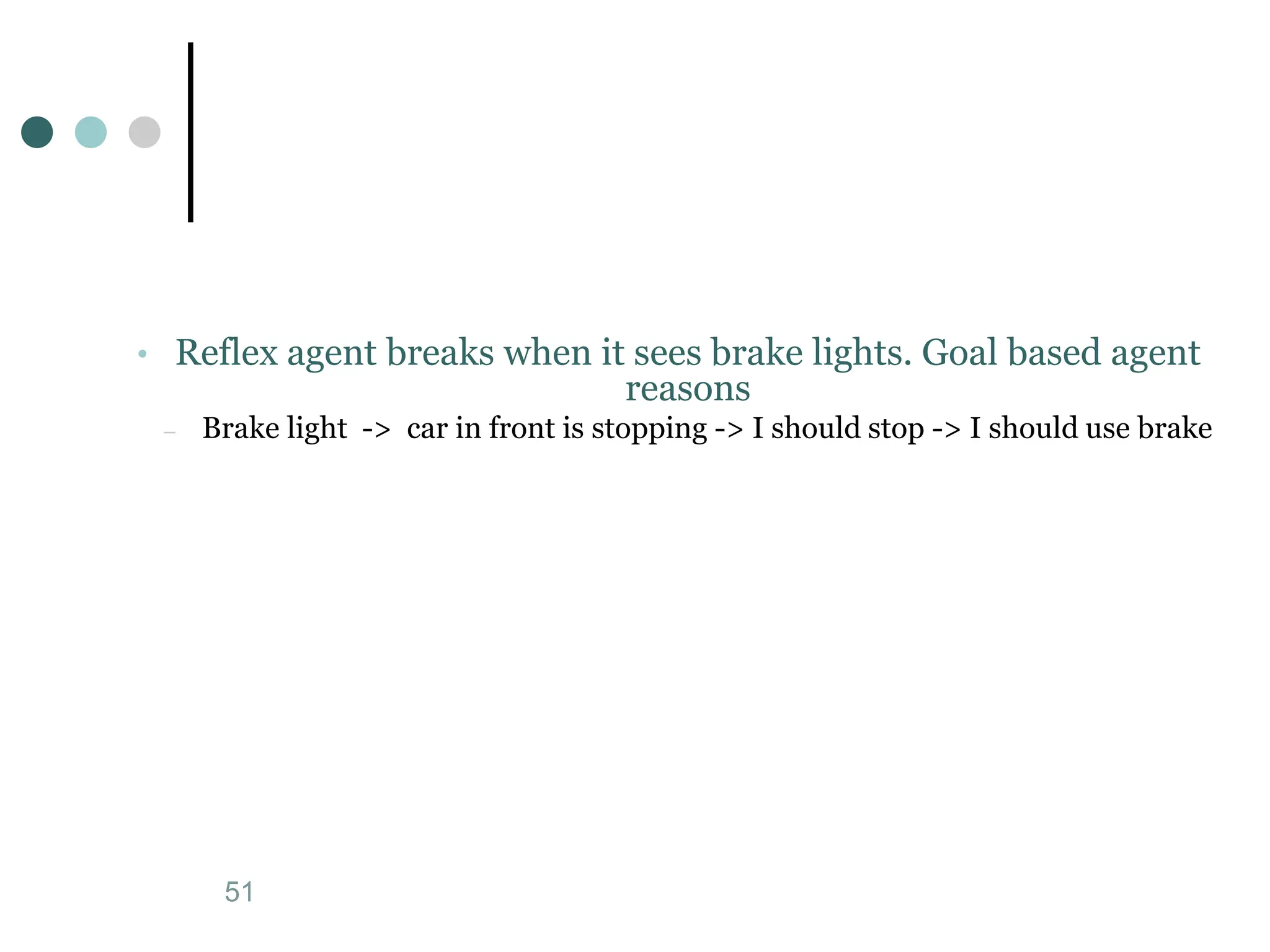 Artificial Intelligence a modern approach
51
• Reflex agent breaks when it sees brake lights. Goal based agent
reasons
– Brake light -> car in front is stopping -> I should stop -> I should use brake
 