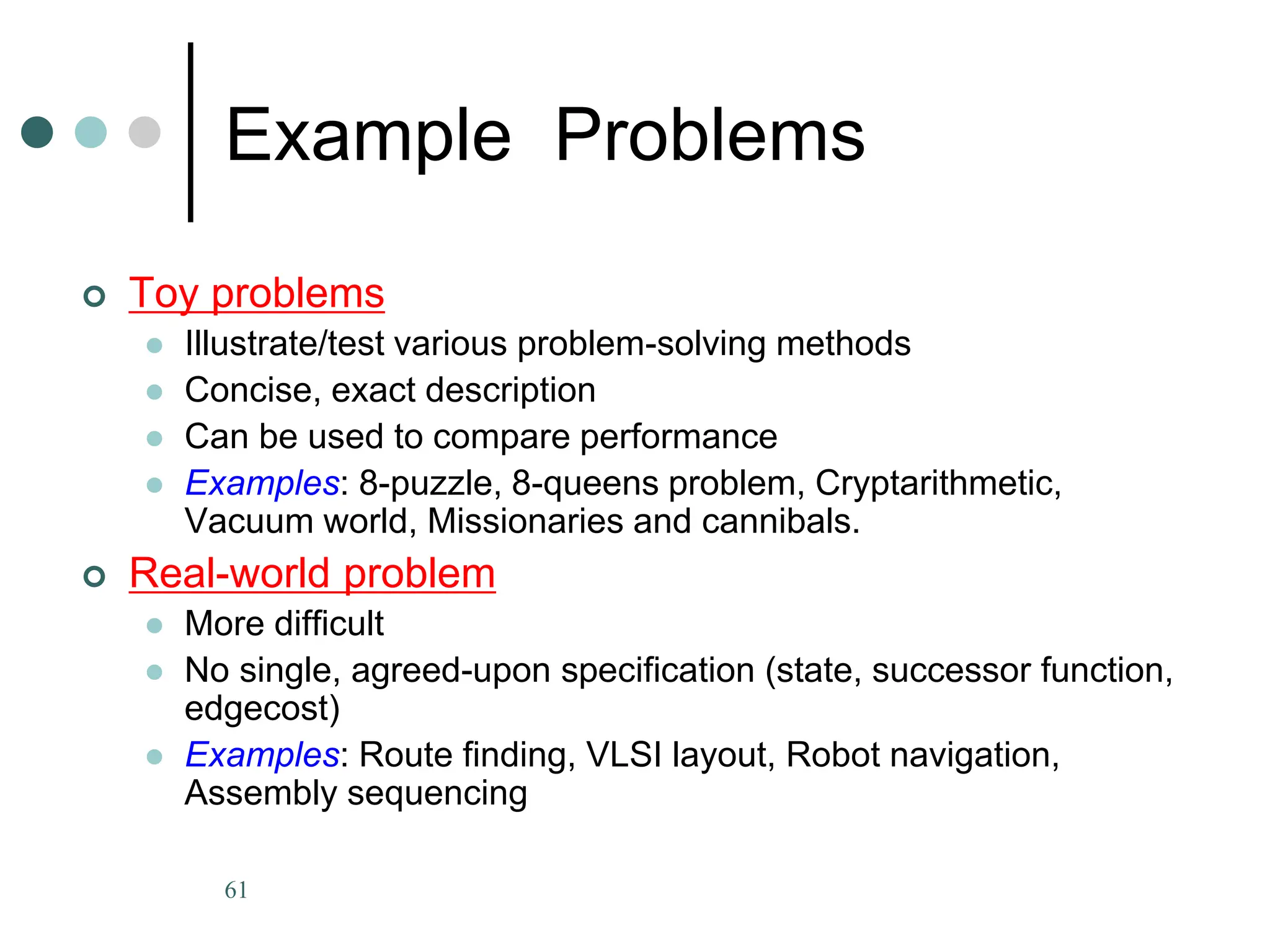 61
Example Problems
 Toy problems
 Illustrate/test various problem-solving methods
 Concise, exact description
 Can be used to compare performance
 Examples: 8-puzzle, 8-queens problem, Cryptarithmetic,
Vacuum world, Missionaries and cannibals.
 Real-world problem
 More difficult
 No single, agreed-upon specification (state, successor function,
edgecost)
 Examples: Route finding, VLSI layout, Robot navigation,
Assembly sequencing
 
