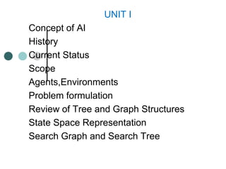 UNIT I
Concept of AI
History
Current Status
Scope
Agents,Environments
Problem formulation
Review of Tree and Graph Structures
State Space Representation
Search Graph and Search Tree
 
