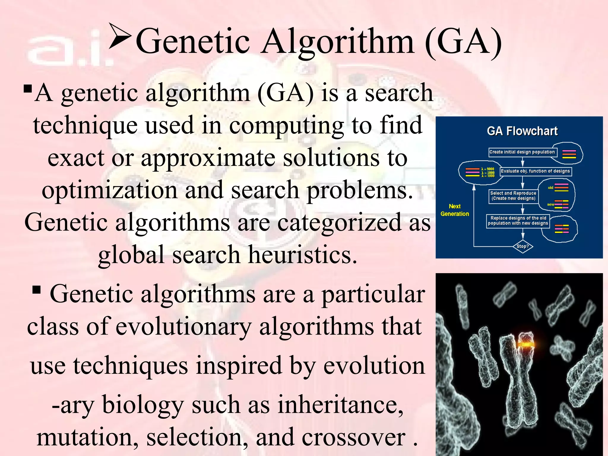 Genetic Algorithm (GA)
A genetic algorithm (GA) is a search
technique used in computing to find
exact or approximate solutions to
optimization and search problems.
Genetic algorithms are categorized as
global search heuristics.
 Genetic algorithms are a particular
class of evolutionary algorithms that
use techniques inspired by evolution
-ary biology such as inheritance,
mutation, selection, and crossover .
 