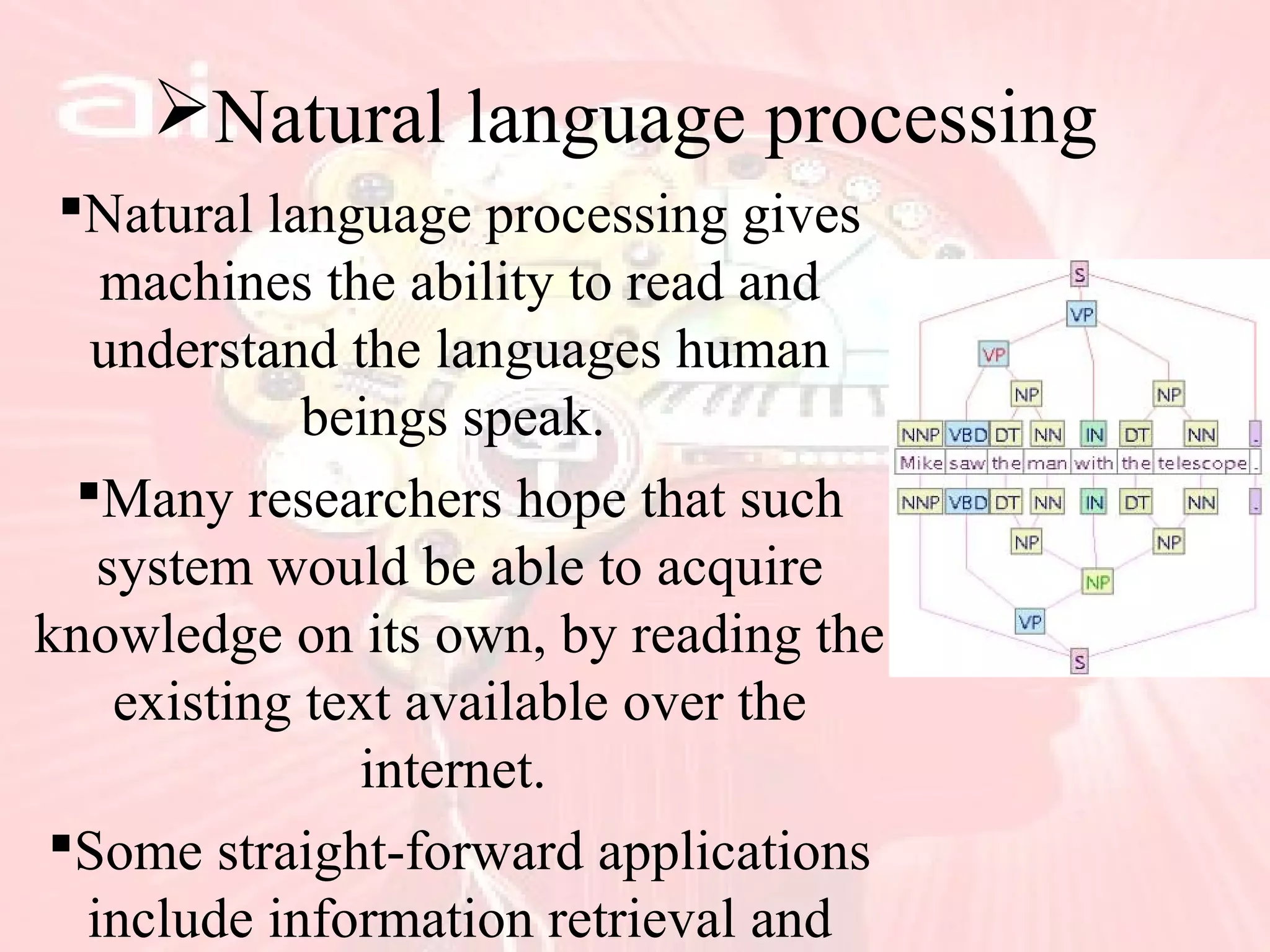 Natural language processing
Natural language processing gives
machines the ability to read and
understand the languages human
beings speak.
Many researchers hope that such
system would be able to acquire
knowledge on its own, by reading the
existing text available over the
internet.
Some straight-forward applications
include information retrieval and
 