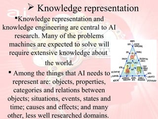  Knowledge representation
Knowledge representation and
knowledge engineering are central to AI
research. Many of the pro...