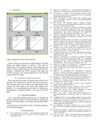 4. Regression
Figure 8. Regression of the Neural network
Figure 8 shows the regression of neural network. The data
inputs were highly linearize to almost 1. The result of
linearizaton of the training,validation and testing data was
almost 1 which is highly linearize. The Training has 98.555%
accuracy, Validation has 99.959 accuracy and target has
97.253% accuracy. The overall performance of the network
created is 98.516% rebust.
IV. CONCLUSION AND RECOMMENDATION
The neural network created was highly rebust with 98.516%
accuracy. The researcher was able to meet all its objectives.
The technique used in this research was using binary matrix
analyzer of input image in an under water pipeline was
possible. It is recommended that the study be extended into
detecmination of organic pollutant in air such as CO,CO2
gases.
II. ACKNOWLEDMENT
I like to ask thank almighty God who gave me strength and
power to finish this paper. I also like to thank my parents, my
professor Dr. Elmer Dadios, my friends and my DOST ERDT
family.
For those that are not mention, I like to indirectly thank you
for the help and support.
III. REFERENCES
[1] Asai, K.;Tanaka,;H. & Uejima,S. , “Linear Regression Analysis with
Fuzzy Model” IEEE Trans. on Systems, Man, and Cybemetics, vol.
12, pp. 904-907,1982.
[2] Babu,B.V. & Onwubolu, G.C. , “New Optimization Techniques in
Engineering”. Springer-Verlag, Heidelberg, Germany, 2003 (In Print).
[3] E.P. Dadios, D. 1. Williams, "Non conventional control of flexible
pole-cart balancing problem", Loughrough University of Technology ,
United Kingdom, February 1996.
[4] Bickel, T.C., Edgar,T.F. , and Himmelblau, D.M. , “ Optimal Design
of Gas Transmission Network” , Society of Petroleum Engineering
Journal,30, 96, 1978.
[5] B.P. Review, “BP Statistical Review,” [Online]. Available:
http://www.bp.com/content/dam/bp/pdf/StatisticalReview2012/statistic
al_review_of_world_energy_2012.pdf.
[6] E.P. Dadios, R.S. Caling Jr.,“A simulation of intelligent microhydro
with fuzzy logic controller using visual studio ”, 6th International
Conference Humanoid, Nanotechnology, Information Technology
Communication and Control, Environment and Management
(HNICEM) ,2013. IEEE International Conference, Nov. 2013.
[7] Chamani, Pourshahabi, Sheikholeslam, “Fuzzy genetic algorithm
approach for optimization of surge tanks”,Volume 20, Issue 2, April
2013, Pages 278- 285.
[8] Mashford,J.; De Silva,D.; Marney, D. & Burn, S.,“An approach to leak
detection in pipeline networks using analysis of monitored pressure
values by support vector machine”, 3h
International Conference on
network and systems ,2009 IEEE International Conference, Nov. 2009.
[9] Cheesman, A.P., “ How to Optimize Gas Pipeline Design by
Computer” . Oil and Gas Journal, 69 (51), December 20, 64, 1971.
[10] T. Fukuda, "Flexibility control of elastic robotic arm", Journal of
Robotic Systems, Vol. 2, no. I, pp. 73-88, 1985.
[11] Cleveland,T. & Millinusic, M., “Pipeline Optimization By Computer
Simulation”,ASME International, 335 East 47th street, New
York,NY10017, Oct,2000.
[12] Dadios,E.P.; Caling,R.S.,Jr.,“A simulation of intelligent microhydro
with fuzzy logic controller using visual studio ”, 6th
International
Conference Humanoid, Nanotechnology, Information Technology
Communication and Control, Environment and Management
(HNICEM) ,2013. IEEE International Conference, Nov. 2013.
[13] Dandy, G.C.; Murphy, L.J. & Simpson,A.R., “An improved genetic
algorithm for pipeline network optimization”, Feb 1996.
[14] Davis, S.,”Microhydro Clean Power from Water.” New Society
Publishers. 2003.
[15] Edgar, T.F. & Himmelblau, D.M. “Optimization of Chemical
Processes”, McGraw Hill Book Company, New York, 1988. K.
Price, and R. Storn, Home Page of Differential Evolution as on June
25, 2003. URL: http://www.ICSI.Berkeley.edu/~storn/code.html.
[16] Flanigan,O., “ Constrained Derivatives in Natural Gas Pipeline System
Optimization” , Journal of Petroleum Technology, May, 549, 1972.
[17] Floudas, C.A., “Nonlinear and mixed-integer optimization. Oxford
University Press”, New York, 1995.
[18] F. Cellier & E. Kofman (2006), Continuous System Simulation,
Springer Verlag, ISBN 0-387-26102-8.
[19] Graham,,G.E.; Maxwell; D.A. and Vallone,A, “ How to Optimize
Gas Pipeline Networks” , Pipeline Industry, June, 41-43, 1971.
[20] Golderg, D.E. & Kuo, C.H., “Genetic algorithms in pipeline
optimization”, J.Comput.Civ. Eng., 1(2), 128-141,1987.
[21] Han,Y. and Lee,B. “Fuzzy Power Control Algorithm for a
Pressurized Water Reactor” Nuclear Technology, vol. 106, pp. 242-253,
1994.
[22] G. Dahlquist (1963), "A special stability problem for linear multistep
methods", BIT 3: 27–43, doi:10.1007/BF01963532, ISSN 0006-3835.
[23] Huffingtonpost, Homepage of Oklahoma Explosion as on Oct.
25,2013. URL: http://www.huffingtonpost.com/2013/10/09/oklahoma-
pipeline-explosion_n_4068377.html.
[24] Iab, Homepage of Belgium Explosion as on Oct. 25,2013.
http://www.iab-atex.nl/publicaties/database/Ghislenghien%20Dossier.p
df.
[25] Larson,R.E. & Wong,P.J., “ Optimization of Natural Gas System via
Dynamic Programming”, Industrial and Engineering Chemistry, AC
12(5), 475-481,1968.
[26] Li,F.; Liu ,L.;Jin,C. “Study on fuzzy optimization methods based on
quasi-linear fuzzy number and genetic algorithm Computers &
 