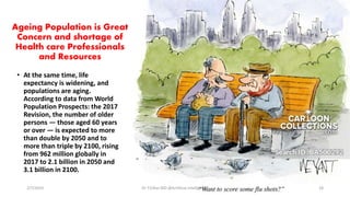 Ageing Population is Great
Concern and shortage of
Health care Professionals
and Resources
• At the same time, life
expectancy is widening, and
populations are aging.
According to data from World
Population Prospects: the 2017
Revision, the number of older
persons — those aged 60 years
or over — is expected to more
than double by 2050 and to
more than triple by 2100, rising
from 962 million globally in
2017 to 2.1 billion in 2050 and
3.1 billion in 2100.
2/7/2019 Dr T.V.Rao MD @Artificial intelligence 18
 
