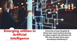 Emerging utilities in
Artificial
Intelligence
• University of Iowa Hospitals &
Clinics have used machine learning
to reduce surgical site infections by
74% over the past three years,
according to Healthcare ITDr T.V.Rao MD @Artificial intelligence 2/7/2019 27
 