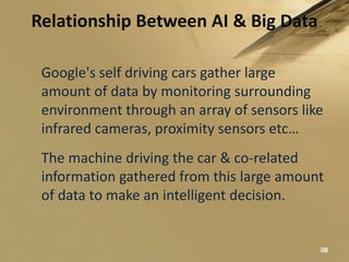 Relationship Between AI & Big Data
Google's self driving cars gather large
amount of data by monitoring surrounding
environment through an array of sensors like
infrared cameras, proximity sensors etc…
The machine driving the car & co-related
information gathered from this large amount
of data to make an intelligent decision.
08
 