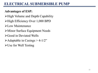 ELECTRICAL SUBMERSIBLE PUMP
18
Advantages of ESP:
High Volume and Depth Capability
High Efficiency Over 1,000 BPD
Low Maintenance
Minor Surface Equipment Needs
Good in Deviated Wells
Adaptable in Casings > 4-1/2”
Use for Well Testing
 