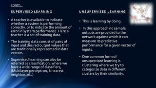 CONTD…

 SU PE R VISED L E A R N ING                U N SU PE RVISED L E A R NING

• A teacher is available to indicate        • This is learning by doing.
  whether a system is performing
  correctly, or to indicate the amount of   • In this approach no sample
  error in system performance. Here a         outputs are provided to the
  teacher is a set of training data.          network against which it can
• The training data consist of pairs of       measure its predictive
  input and desired output values that        performance for a given vector of
  are traditionally represented in data       inputs.
  vectors.
                                            • One common form of
• Supervised learning can also be             unsupervised learning is
  referred as classification, where we        clustering where we try to
  have a wide range of classifiers,
  (Multilayer perceptron, k nearest           categorize data in different
  neighbor..etc)                              clusters by their similarity.
 