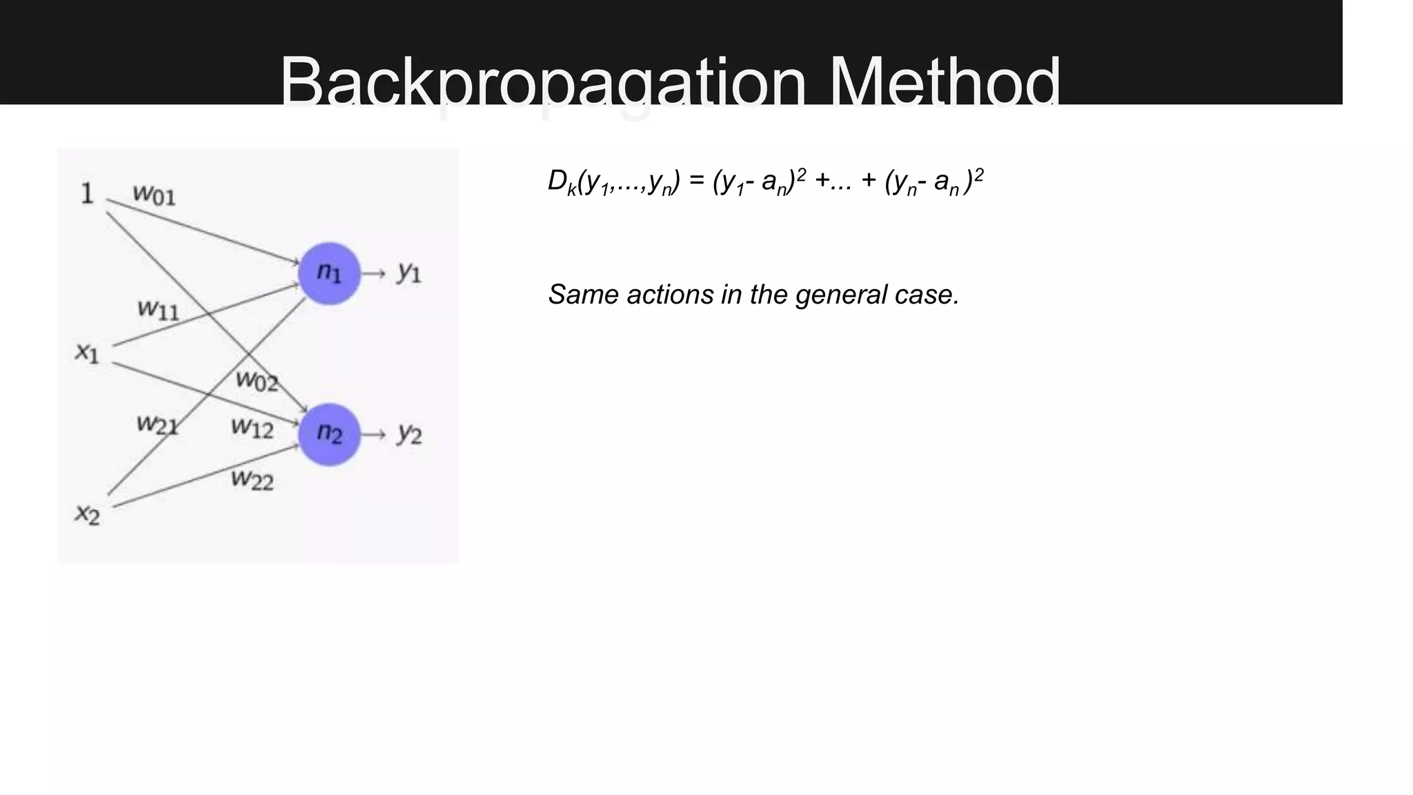 Backpropagation Method
Dk(y1,...,yn) = (y1- an)2 +... + (yn- an )2
Same actions in the general case.
 
