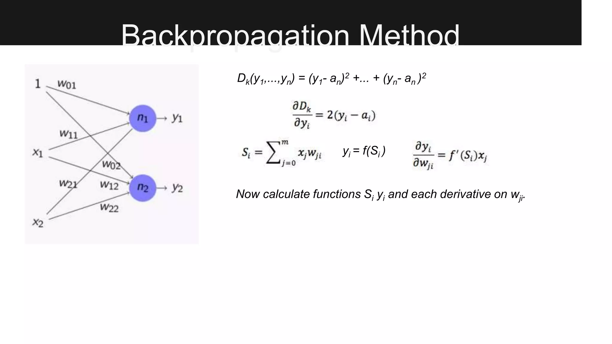 Backpropagation Method
Dk(y1,...,yn) = (y1- an)2 +... + (yn- an )2
yi = f(Si )
Now calculate functions Si yi and each derivative on wji.
 