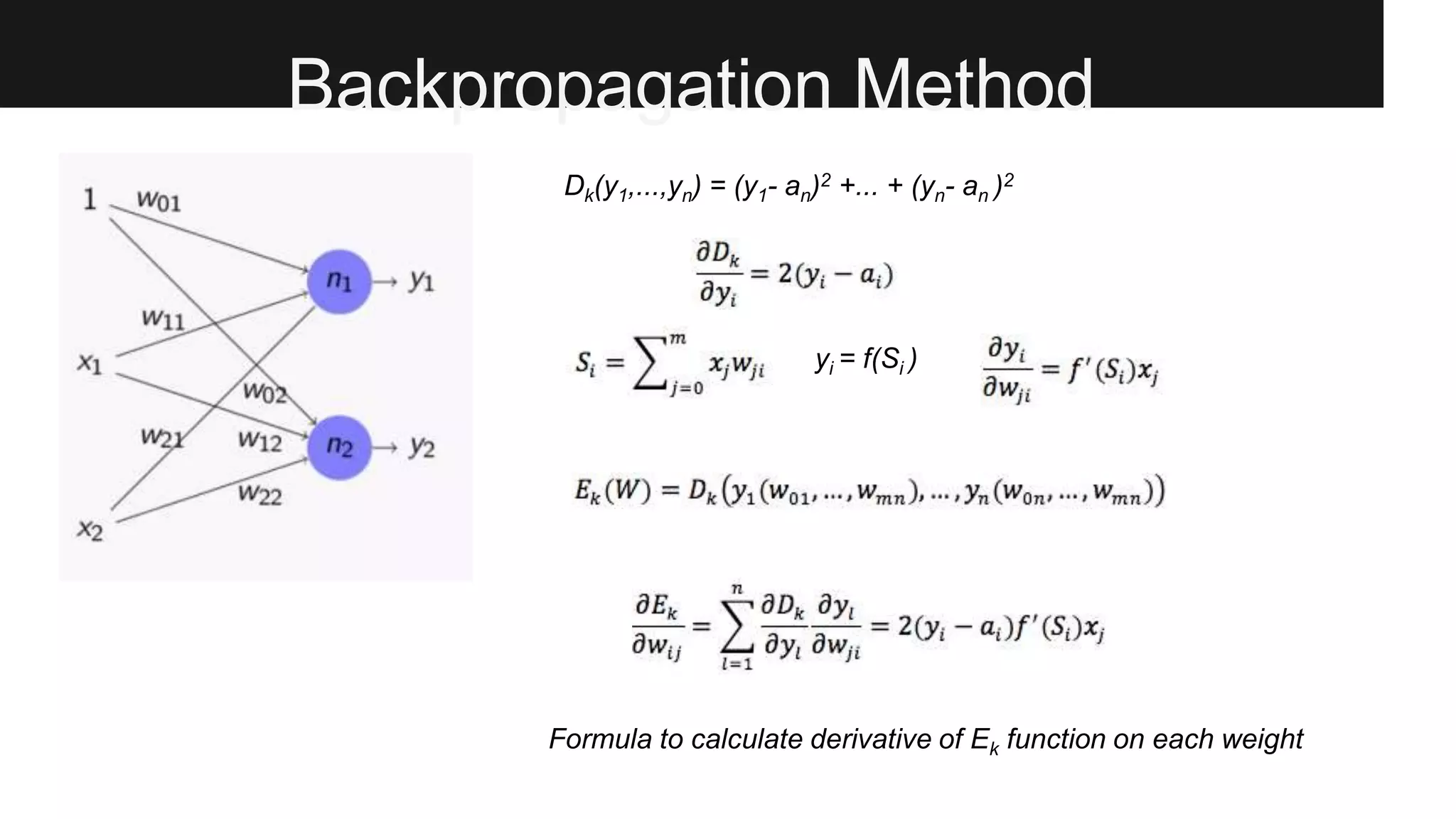 Backpropagation Method
Dk(y1,...,yn) = (y1- an)2 +... + (yn- an )2
yi = f(Si )
Formula to calculate derivative of Ek function on each weight
 