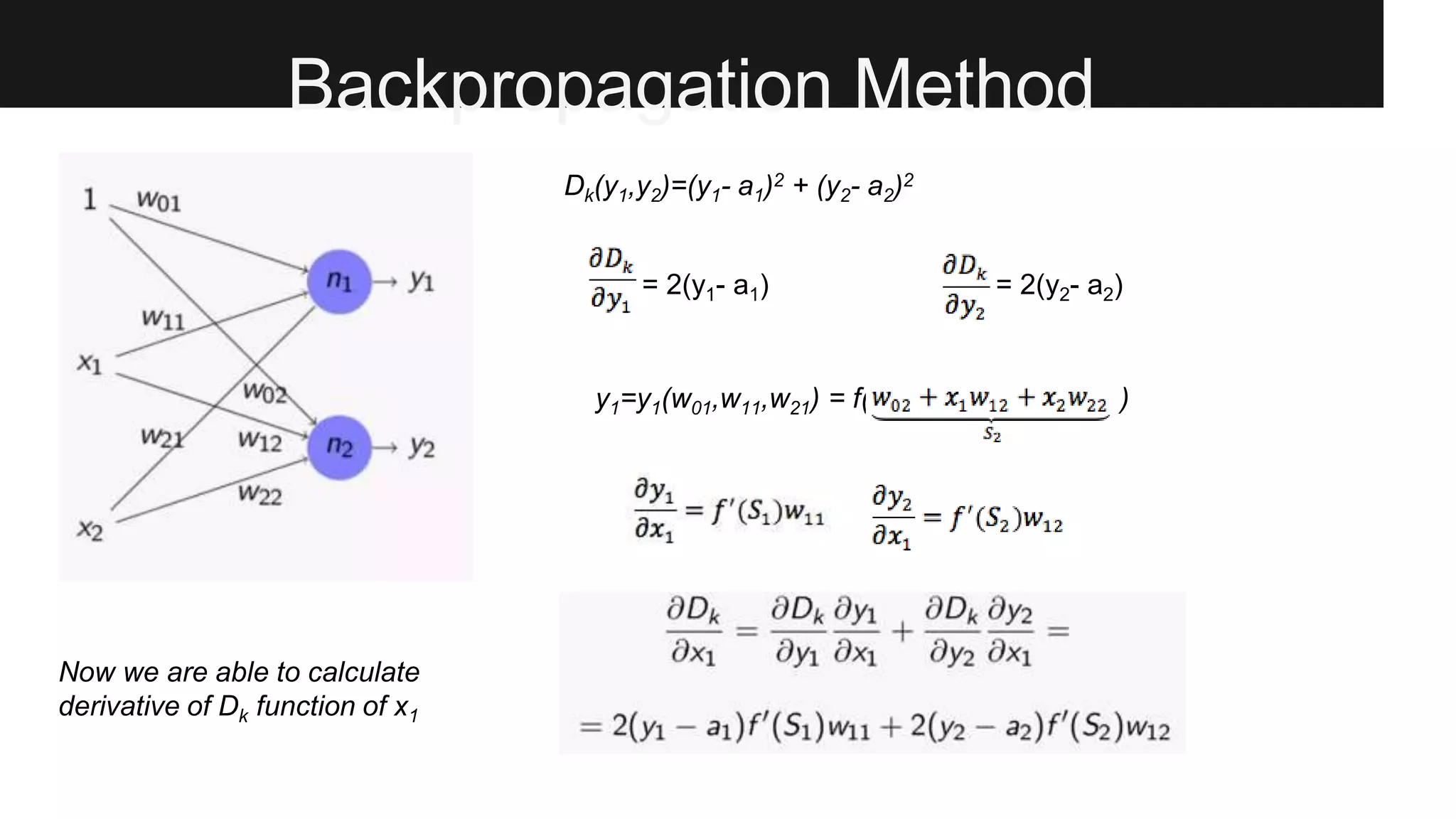 Backpropagation Method
Dk(y1,y2)=(y1- a1)2 + (y2- a2)2
= 2(y1- a1) = 2(y2- a2)
y1=y1(w01,w11,w21) = f( sssssssssss )
Now we are able to calculate
derivative of Dk function of x1
 