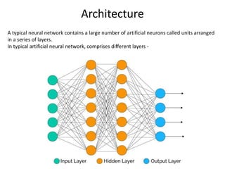Architecture
A typical neural network contains a large number of artificial neurons called units arranged
in a series of layers.
In typical artificial neural network, comprises different layers -
 