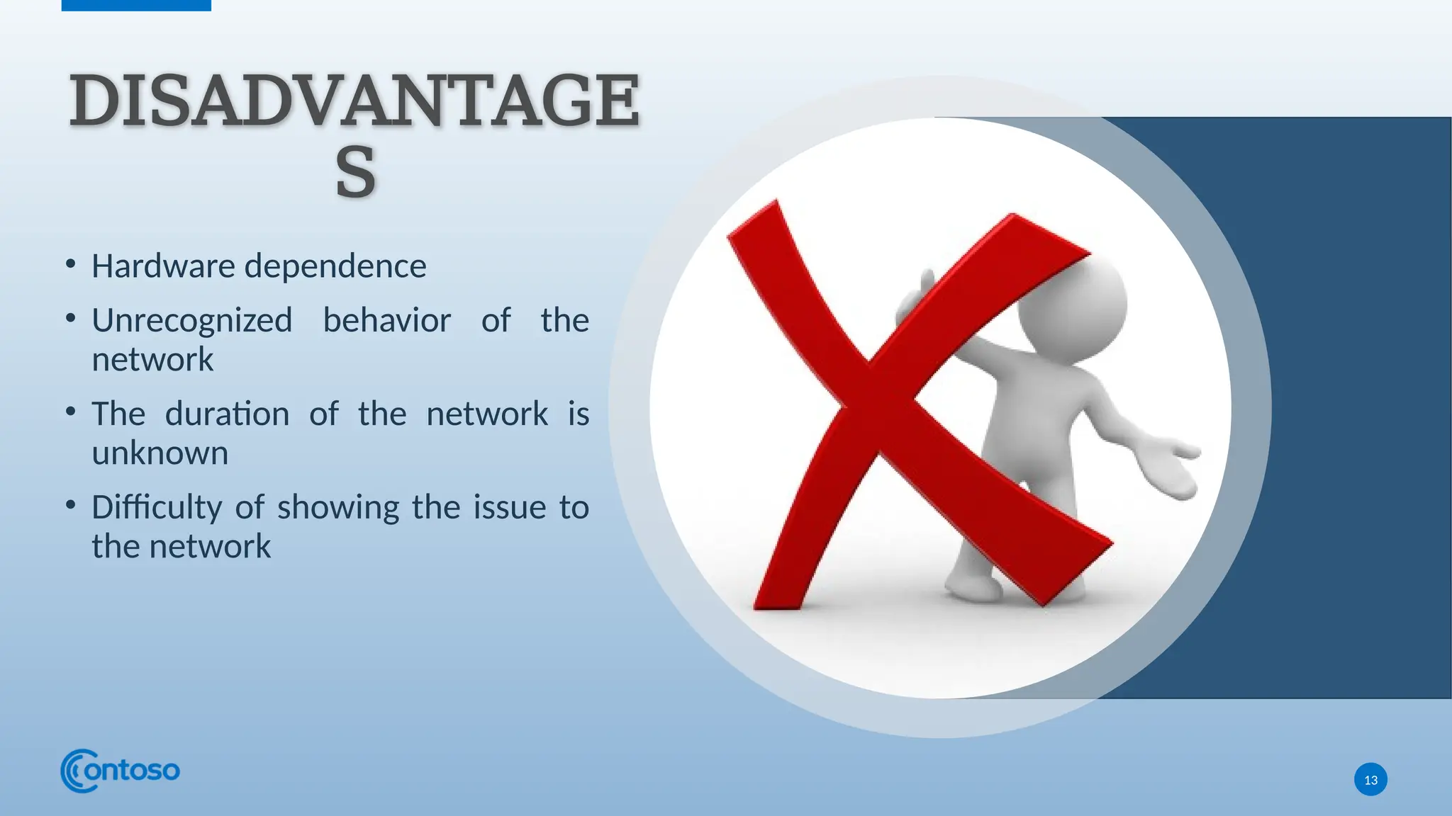 DISADVANTAGE
S
• Hardware dependence
• Unrecognized behavior of the
network
• The duration of the network is
unknown
• Difficulty of showing the issue to
the network
13
 