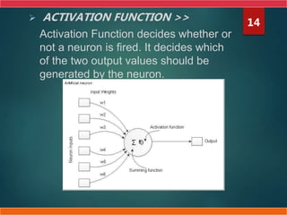  ACTIVATION FUNCTION >>
Activation Function decides whether or
not a neuron is fired. It decides which
of the two output values should be
generated by the neuron.
14
 
