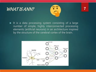 WHATIS ANN?
 It is a data processing system consisting of a large
number of simple, highly interconnected processing
elements (artificial neurons) in an architecture inspired
by the structure of the cerebral cortex of the brain.
7
 