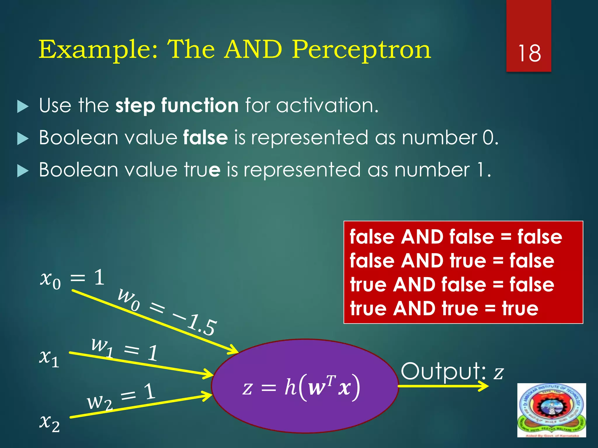 Example: The AND Perceptron
 Use the step function for activation.
 Boolean value false is represented as number 0.
 Boolean value true is represented as number 1.
18
𝑧 = ℎ 𝒘𝑇𝒙
𝑥1
𝑥0 = 1
𝑥2
Output: 𝑧
false AND false = false
false AND true = false
true AND false = false
true AND true = true
 