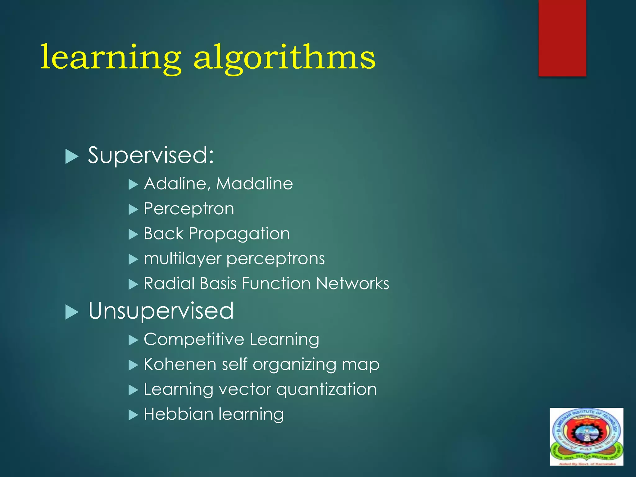 learning algorithms
 Supervised:
 Adaline, Madaline
 Perceptron
 Back Propagation
 multilayer perceptrons
 Radial Basis Function Networks
 Unsupervised
 Competitive Learning
 Kohenen self organizing map
 Learning vector quantization
 Hebbian learning
 