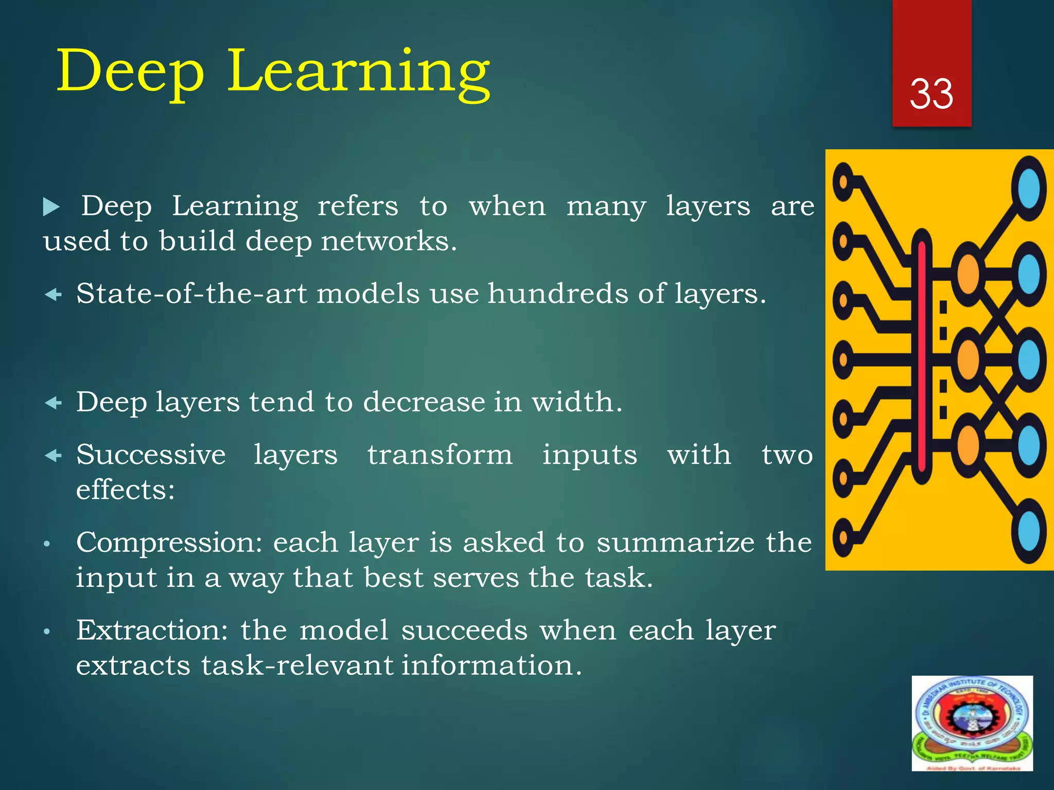 Deep Learning 33
 Deep Learning refers to when many layers are
used to build deep networks.
 State-of-the-art models use hundreds of layers.
 Deep layers tend to decrease in width.
 Successive layers transform inputs with two
effects:
• Compression: each layer is asked to summarize the
input in a way that best serves the task.
• Extraction: the model succeeds when each layer
extracts task-relevant information.
 