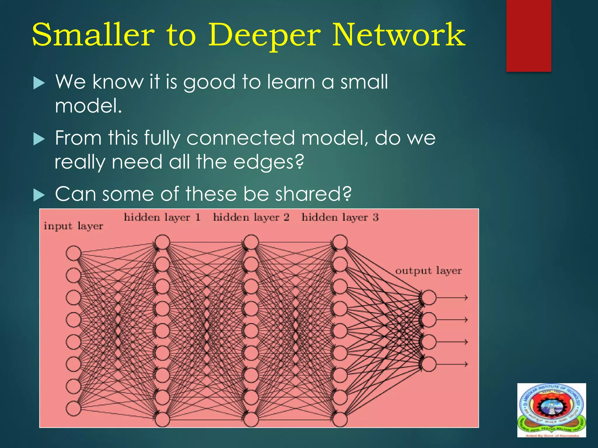 Smaller to Deeper Network
 We know it is good to learn a small
model.
 From this fully connected model, do we
really need all the edges?
 Can some of these be shared?
 
