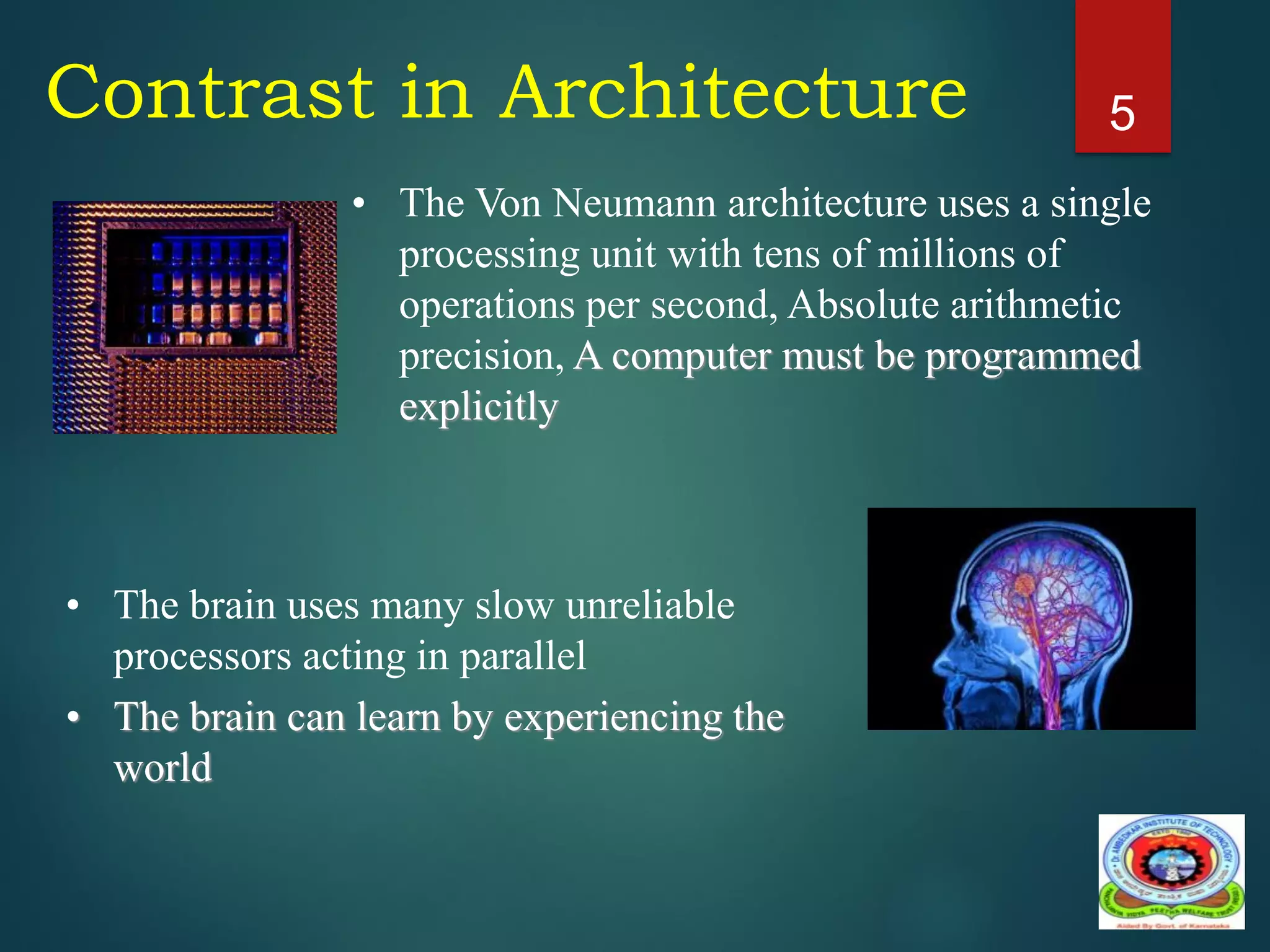 5
Contrast in Architecture
• The Von Neumann architecture uses a single
processing unit with tens of millions of
operations per second, Absolute arithmetic
precision, A computer must be programmed
explicitly
• The brain uses many slow unreliable
processors acting in parallel
• The brain can learn by experiencing the
world
 