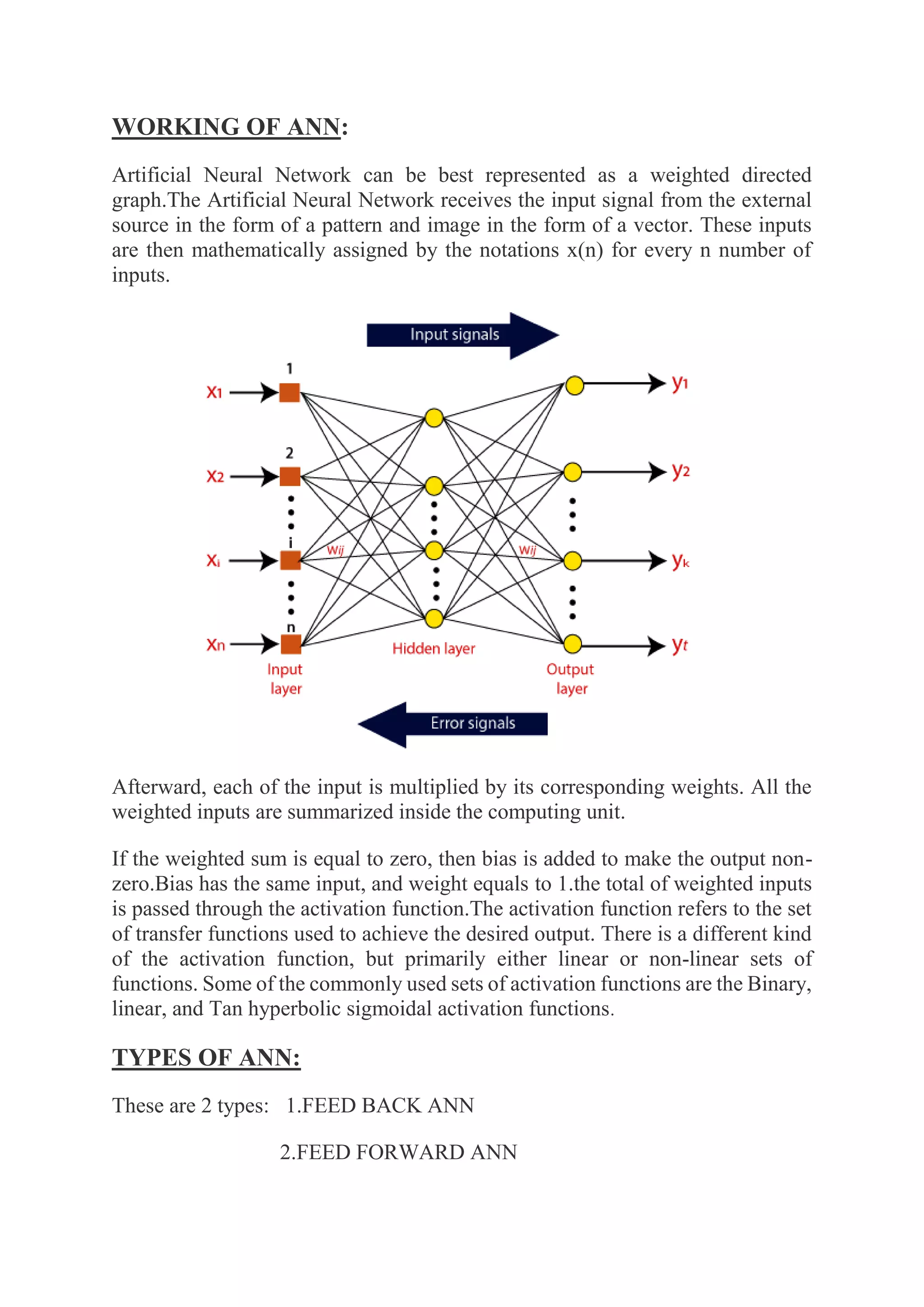 WORKING OF ANN:
Artificial Neural Network can be best represented as a weighted directed
graph.The Artificial Neural Network receives the input signal from the external
source in the form of a pattern and image in the form of a vector. These inputs
are then mathematically assigned by the notations x(n) for every n number of
inputs.
Afterward, each of the input is multiplied by its corresponding weights. All the
weighted inputs are summarized inside the computing unit.
If the weighted sum is equal to zero, then bias is added to make the output non-
zero.Bias has the same input, and weight equals to 1.the total of weighted inputs
is passed through the activation function.The activation function refers to the set
of transfer functions used to achieve the desired output. There is a different kind
of the activation function, but primarily either linear or non-linear sets of
functions. Some of the commonly used sets of activation functions are the Binary,
linear, and Tan hyperbolic sigmoidal activation functions.
TYPES OF ANN:
These are 2 types: 1.FEED BACK ANN
2.FEED FORWARD ANN
 