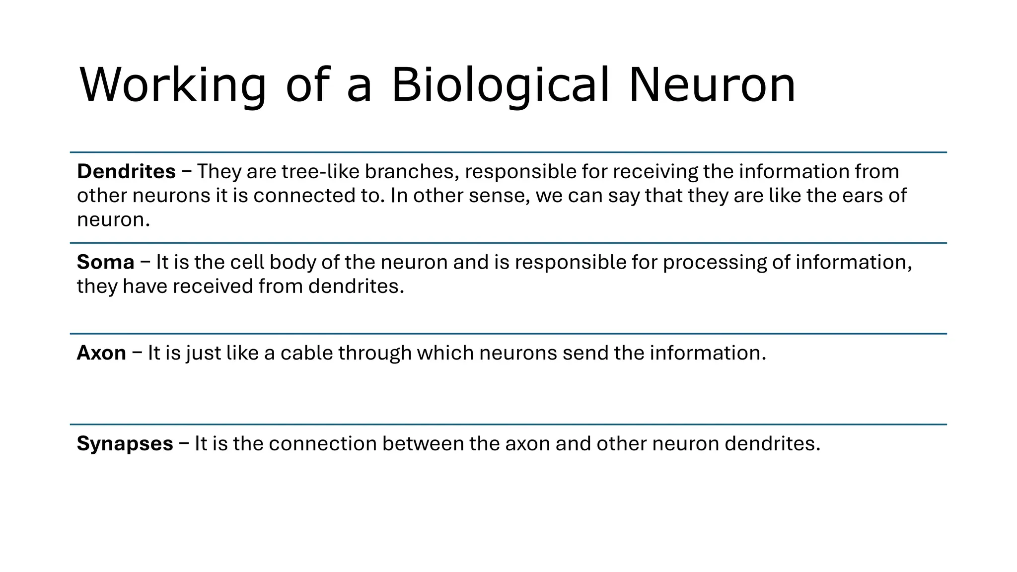 Working of a Biological Neuron
Dendrites − They are tree-like branches, responsible for receiving the information from
other neurons it is connected to. In other sense, we can say that they are like the ears of
neuron.
Soma − It is the cell body of the neuron and is responsible for processing of information,
they have received from dendrites.
Axon − It is just like a cable through which neurons send the information.
Synapses − It is the connection between the axon and other neuron dendrites.
 