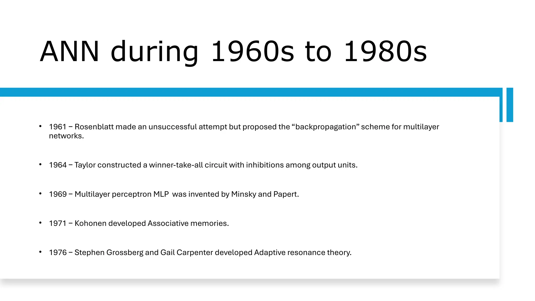 ANN during 1960s to 1980s
• 1961 − Rosenblatt made an unsuccessful attempt but proposed the “backpropagation” scheme for multilayer
networks.
• 1964 − Taylor constructed a winner-take-all circuit with inhibitions among output units.
• 1969 − Multilayer perceptron MLP was invented by Minsky and Papert.
• 1971 − Kohonen developed Associative memories.
• 1976 − Stephen Grossberg and Gail Carpenter developed Adaptive resonance theory.
 