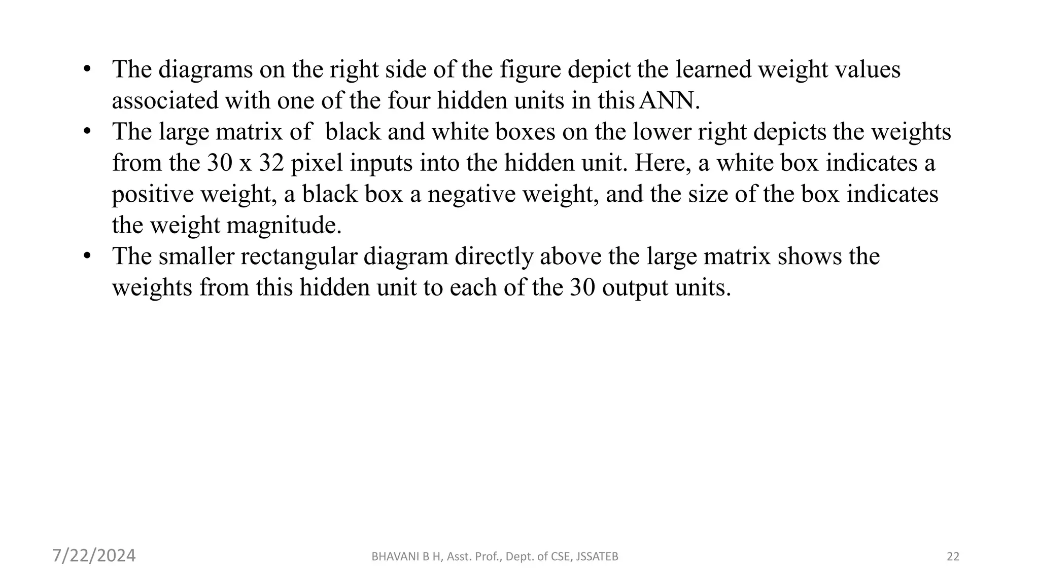 BHAVANI B H, Asst. Prof., Dept. of CSE, JSSATEB 22
• The diagrams on the right side of the figure depict the learned weight values
associated with one of the four hidden units in thisANN.
• The large matrix of black and white boxes on the lower right depicts the weights
from the 30 x 32 pixel inputs into the hidden unit. Here, a white box indicates a
positive weight, a black box a negative weight, and the size of the box indicates
the weight magnitude.
• The smaller rectangular diagram directly above the large matrix shows the
weights from this hidden unit to each of the 30 output units.
7/22/2024
 