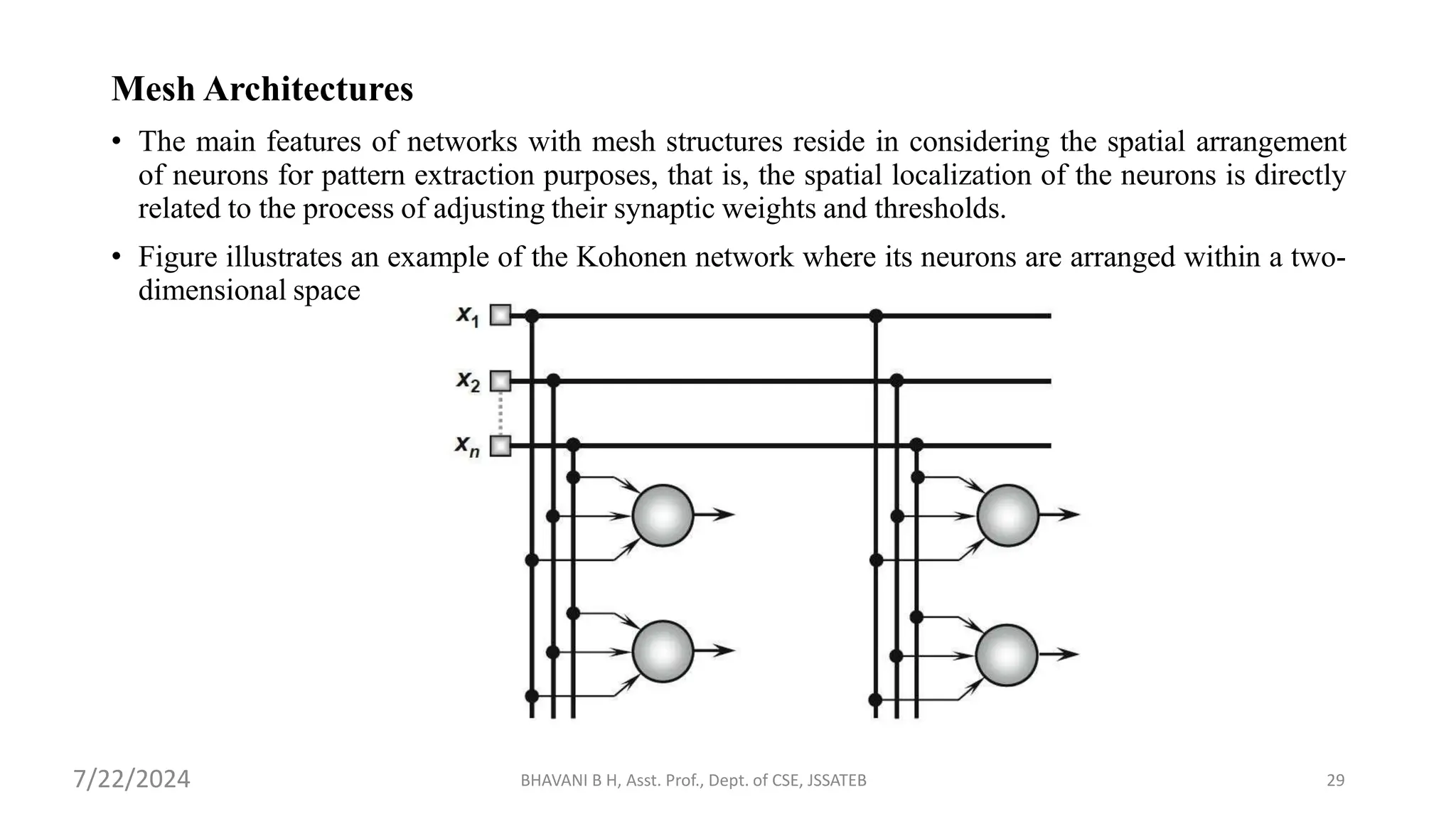 Mesh Architectures
• The main features of networks with mesh structures reside in considering the spatial arrangement
of neurons for pattern extraction purposes, that is, the spatial localization of the neurons is directly
related to the process of adjusting their synaptic weights and thresholds.
• Figure illustrates an example of the Kohonen network where its neurons are arranged within a two-
dimensional space
BHAVANI B H, Asst. Prof., Dept. of CSE, JSSATEB 29
7/22/2024
 