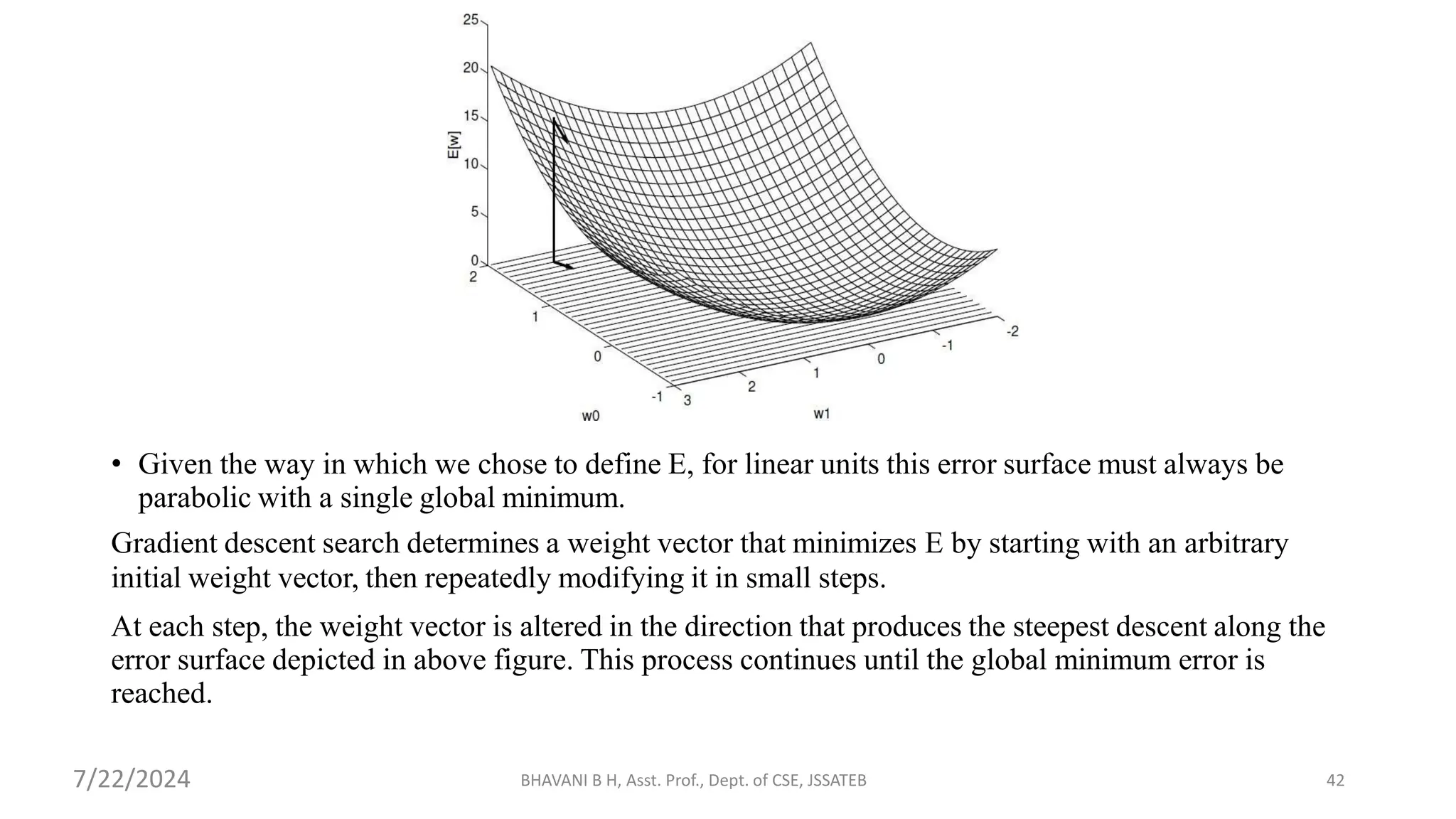 • Given the way in which we chose to define E, for linear units this error surface must always be
parabolic with a single global minimum.
Gradient descent search determines a weight vector that minimizes E by starting with an arbitrary
initial weight vector, then repeatedly modifying it in small steps.
At each step, the weight vector is altered in the direction that produces the steepest descent along the
error surface depicted in above figure. This process continues until the global minimum error is
reached.
BHAVANI B H, Asst. Prof., Dept. of CSE, JSSATEB 42
7/22/2024
 