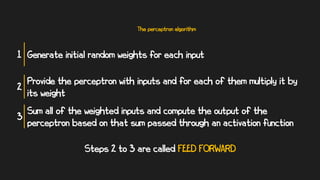The perceptron algorithm
Generate initial random weights for each input
1
Provide the perceptron with inputs and for each of them multiply it by
its weight
2
Sum all of the weighted inputs and compute the output of the
perceptron based on that sum passed through an activation function
3
Steps 2 to 3 are called FEED FORWARD
 