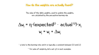 ∆wi = η·(expected(i) - actual (i))·xi
How do the weights are actually found?
** For sake of simplicity, let’s set η=1 in next examples
wi = wi + ∆wi
The value of the delta weights, used to update the weights,
are calculated by the perceptron learning rule
* η (eta) is the learning rate and it is typically a constant between 0.0 and 1.0
 